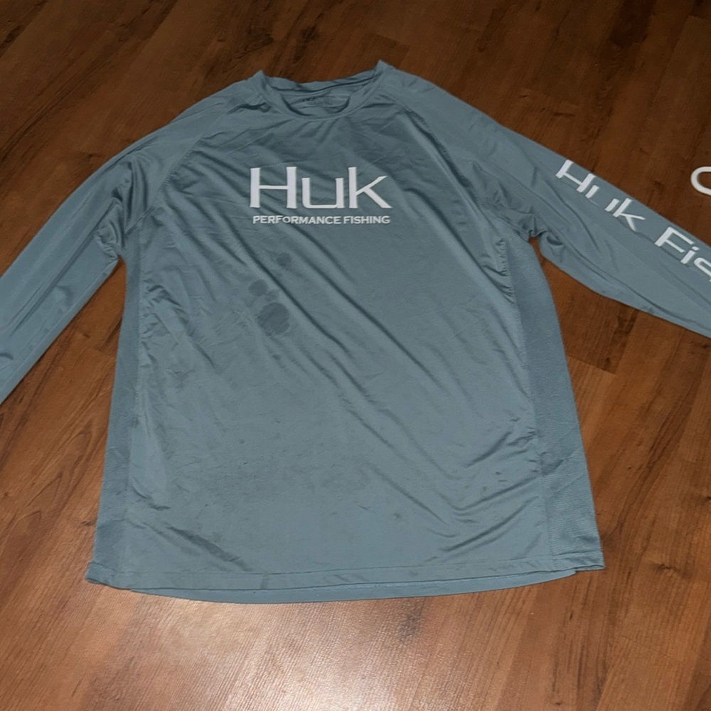 Grey blue HUK fishing shirt; size XL